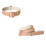 Nude pink grained leather dog collar and matching leash with ivory lining, white stitching and rose gold buckle by Laelaps Paris