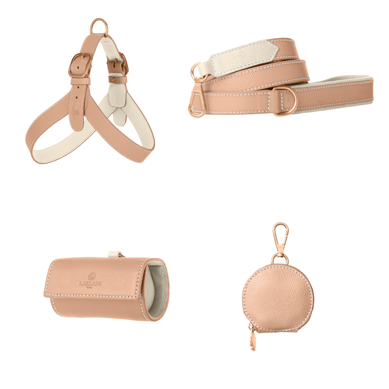 Complete powder pink leather dog walking set by Laelaps Paris: harness, leash, poop bag holder and round zip treat pouch with rose gold clasp