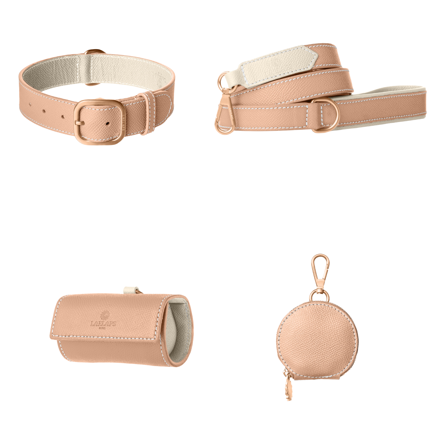 Complete powder pink leather dog walking set by Laelaps Paris: collar, leash, poop bag holder and round zip treat pouch with rose gold clasp
