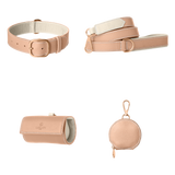 Complete powder pink leather dog walking set by Laelaps Paris: collar, leash, poop bag holder and round zip treat pouch with rose gold clasp