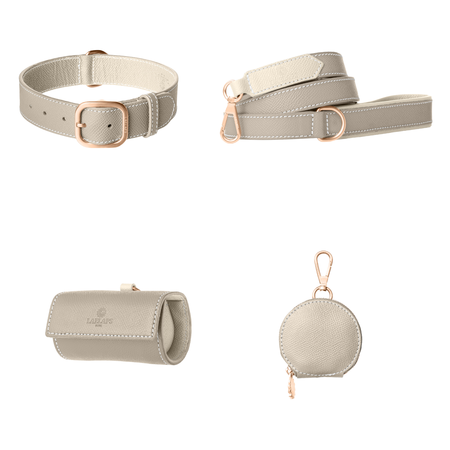 Complete light grey leather dog walking set by Laelaps Paris: collar, leash, poop bag holder and round zip treat pouch with rose gold clasp