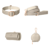 Complete light grey leather dog walking set by Laelaps Paris: collar, leash, poop bag holder and round zip treat pouch with rose gold clasp