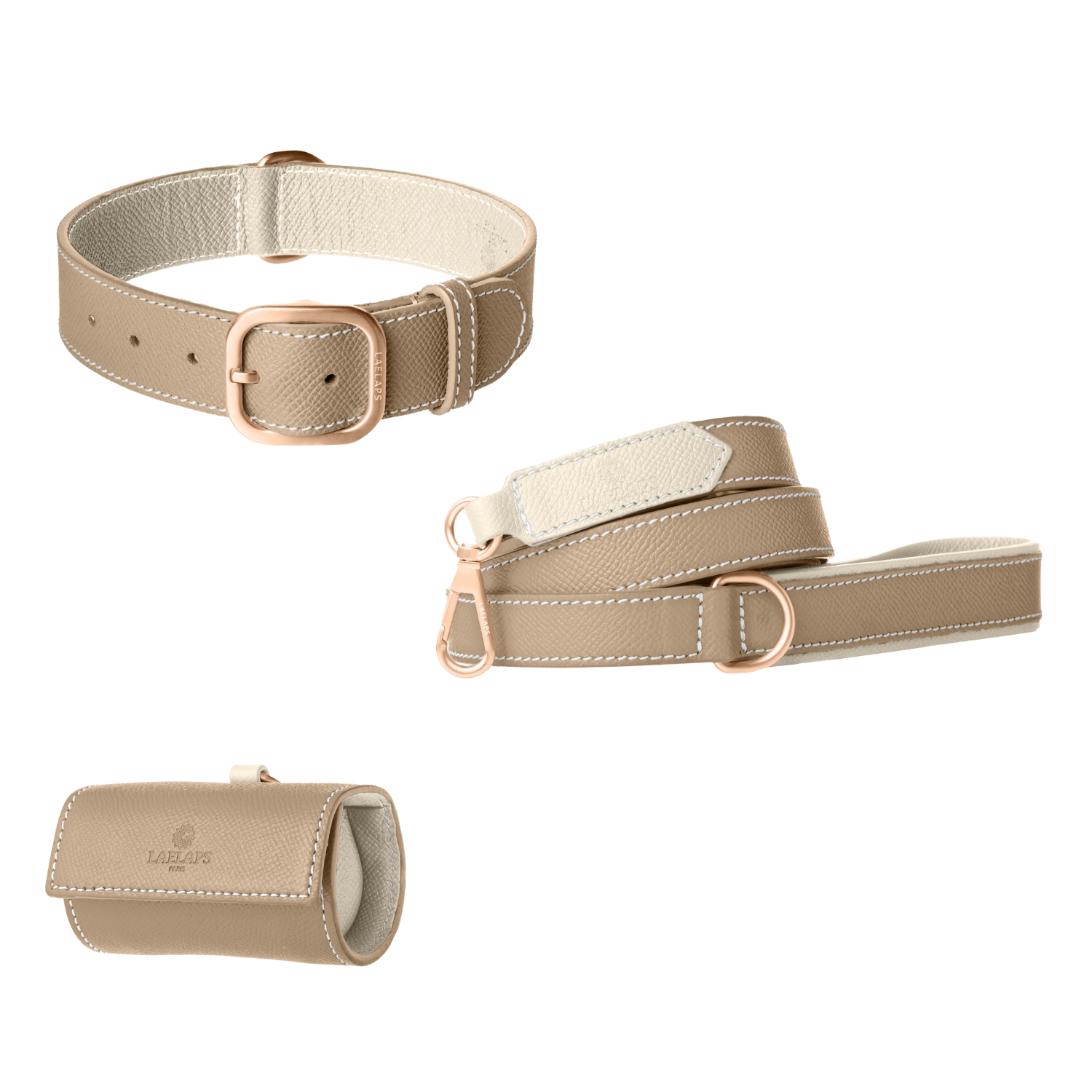 Taupe leather dog collar, leash and poop bag holder set with off-white lining and rose gold hardware from Laelaps Paris