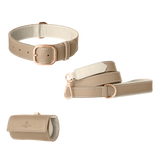 Taupe leather dog collar, leash and poop bag holder set with off-white lining and rose gold hardware from Laelaps Paris