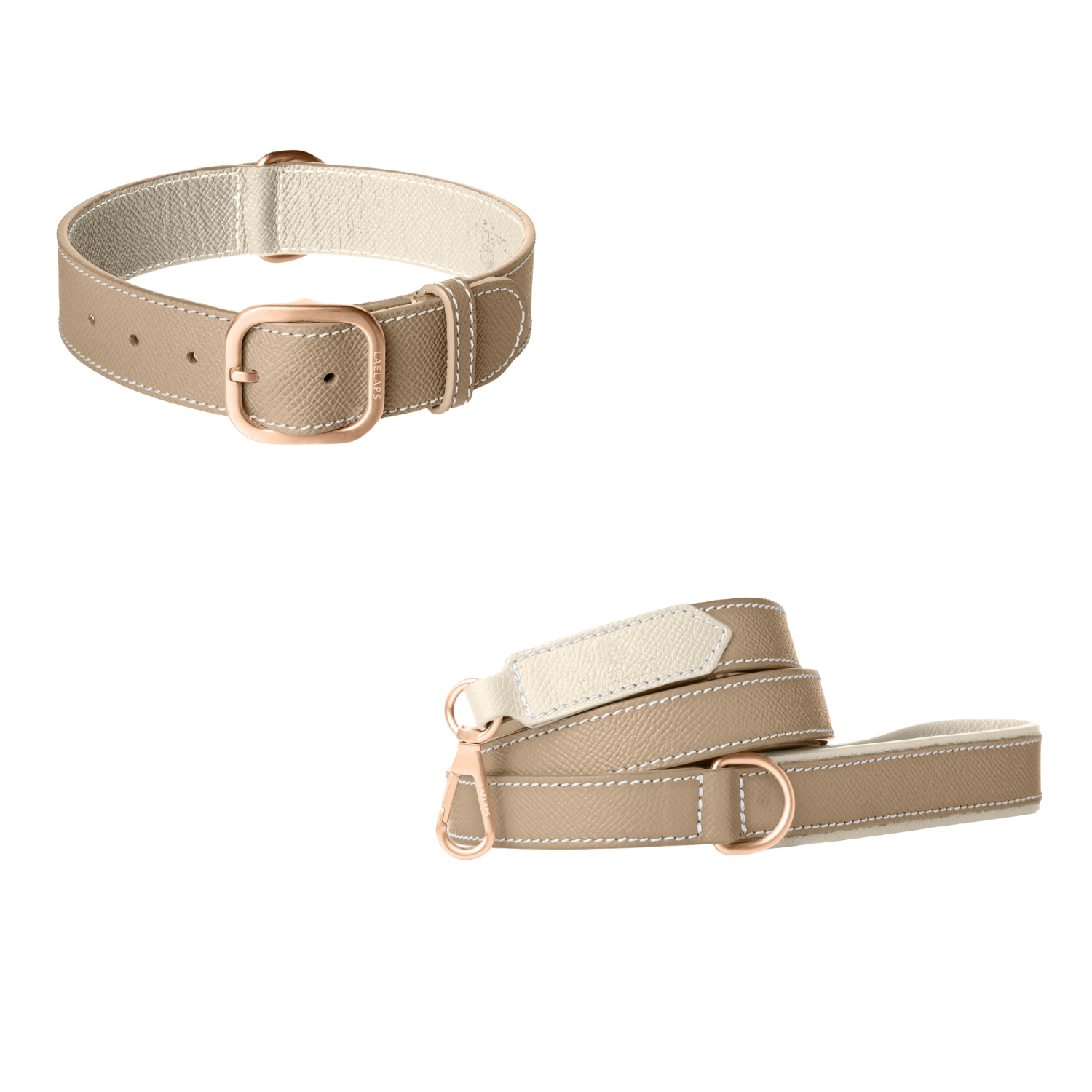 Taupe  leather dog collar and matching leash with ivory lining, white stitching and rose gold buckle by Laelaps Paris