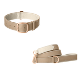 Taupe  leather dog collar and matching leash with ivory lining, white stitching and rose gold buckle by Laelaps Paris