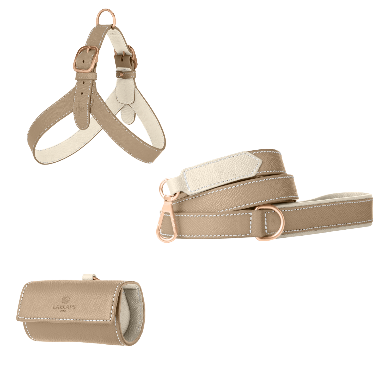 Taupe leather dog harness, leash and poop bag holder set with off-white lining and matte rose gold hardware from Laelaps Paris