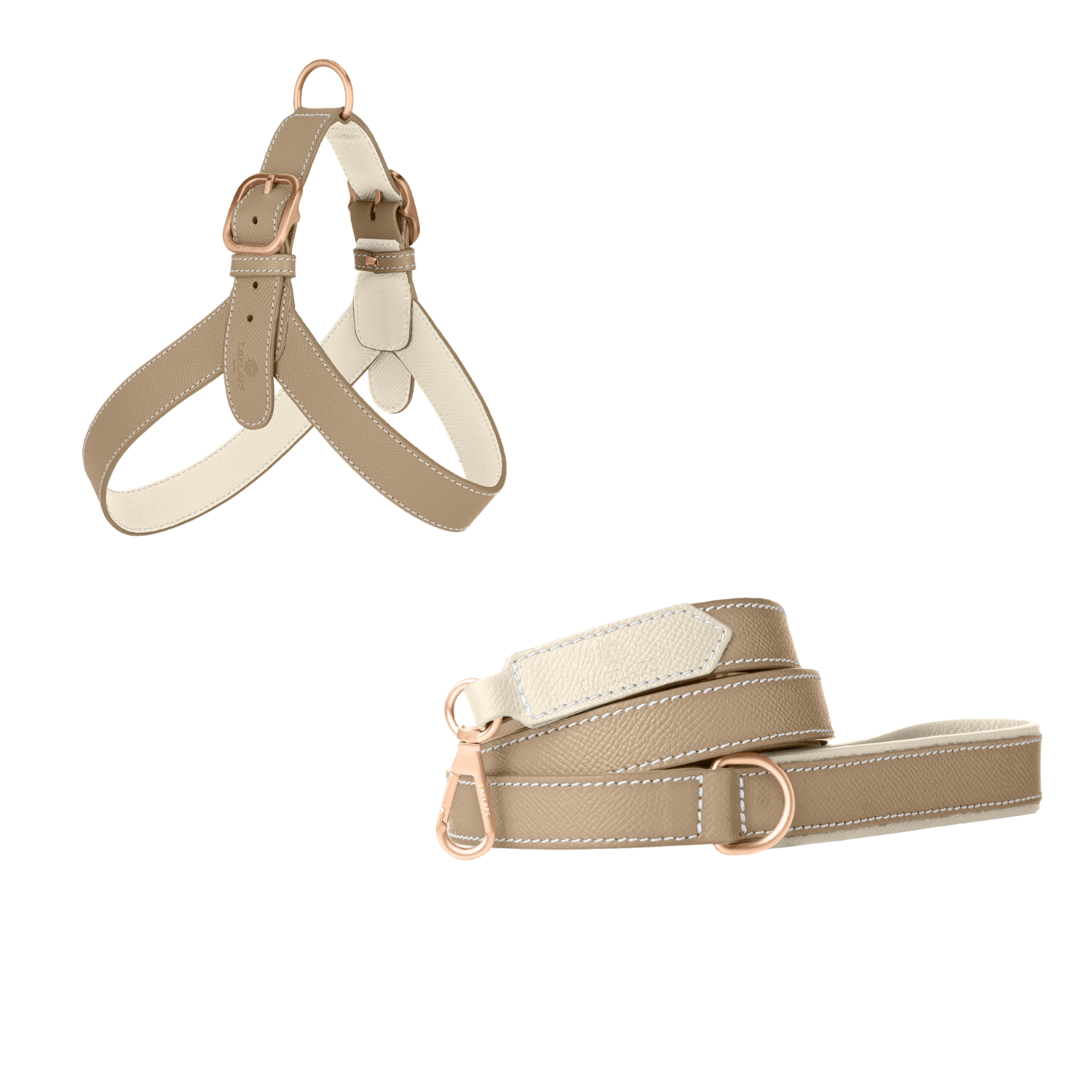 Taupe embossed calf leather dog harness and matching leash with off-white lining and matte rose gold buckles by Laelaps Paris