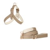 Taupe embossed calf leather dog harness and matching leash with off-white lining and matte rose gold buckles by Laelaps Paris