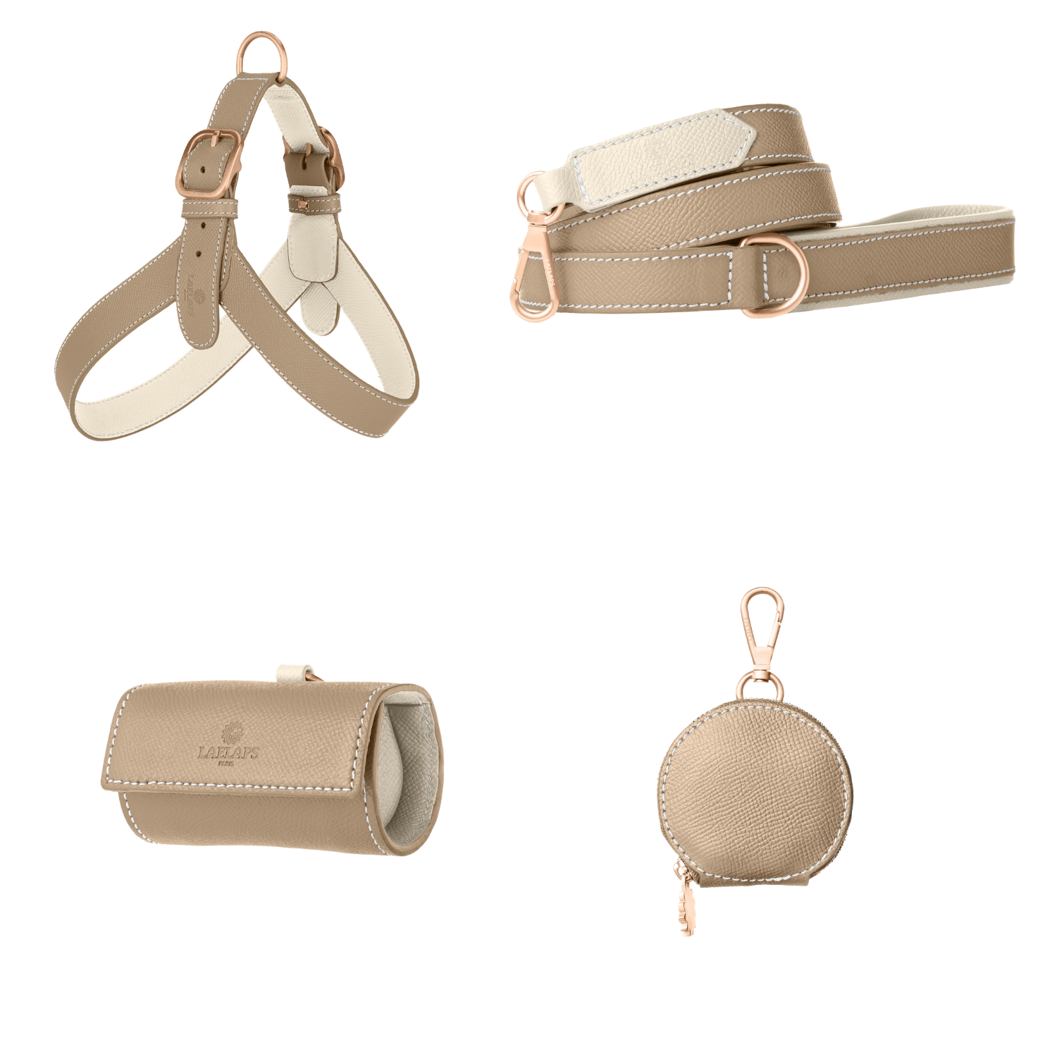 Complete taupe leather dog walking set by Laelaps Paris: harness, leash, poop bag holder and round zip treat pouch with rose gold clasp