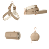 Complete taupe leather dog walking set by Laelaps Paris: harness, leash, poop bag holder and round zip treat pouch with rose gold clasp