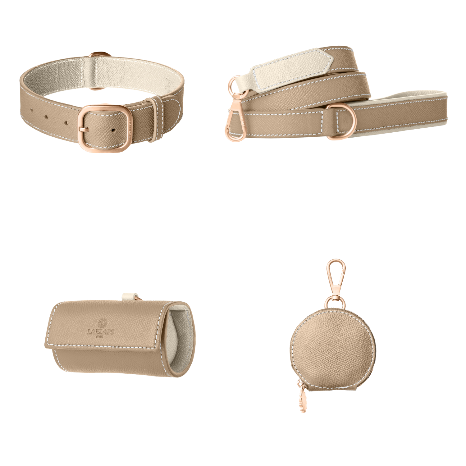 Complete taupe leather dog walking set by Laelaps Paris: collar, leash, poop bag holder and round zip treat pouch with rose gold clasp