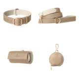 Complete taupe leather dog walking set by Laelaps Paris: collar, leash, poop bag holder and round zip treat pouch with rose gold clasp